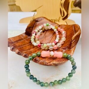 Handmade Floral Jade Multicolored Agate & Faceted Quartz Bracelet Stack 3pcs